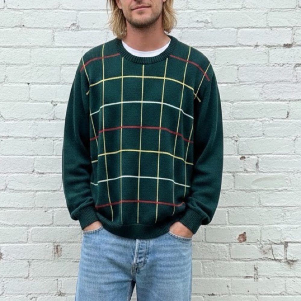 Vintage Green Plaid Windowpane Preppy Knit Sweater 90s Grunge Men’s Size Large
